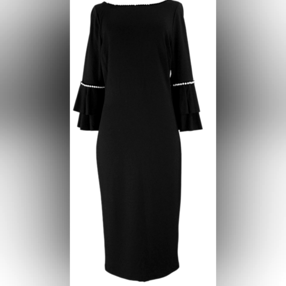 Venus Black Dress with Ruffle Sleeves & Pearls